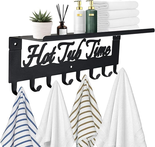 Towel Rack for Hot Tub with Shelf Bathroom Towel Holder 8 Hooks Towel Hanger Wall Mounted for Robes, Clothes, Towels - Hot Tub Accessories Outdoor