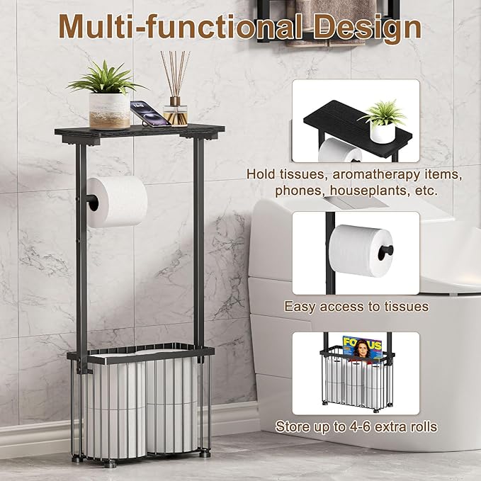 Free Standing Toilet Paper Holder Toilet Storage Stand Bathroom Holder with Storage Paper Towel Holder with Shelf,Simple Black,Can Hold 4-6 Rolls.Place Mobile Phones