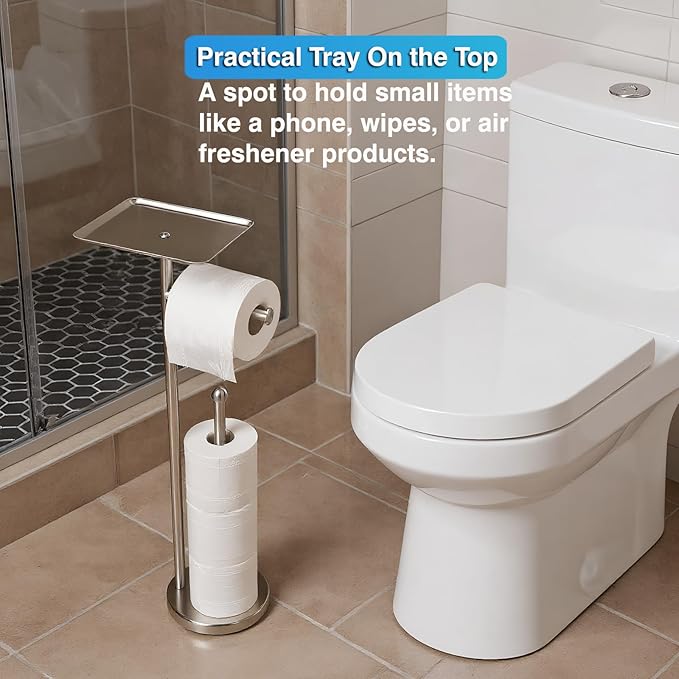 Toilet Paper Holder with Shelf, Freestanding Tissue Paper Stand with Storage Space for Extra 4 Toilet Paper Rolls (Stainless Steel Base, Brushed Nickel)