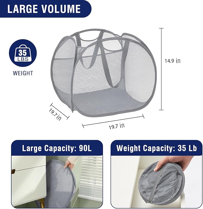 TECHMILLY Collapsible Mesh Pop Up Laundry Hamper with Strong Handles, Large Opening Clothes Hamper with Side Pockets, Storage Baskets for Dorm, Laundry Room, Bathroom or Travel (Grey, 90L, 2Pack)