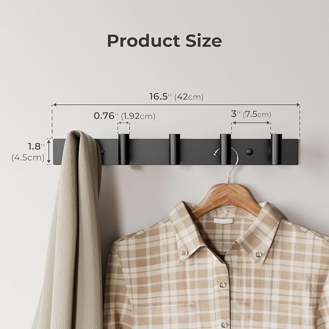 GWAAZXGZ Black Wall Mounted Coat Rack – 5 T-Shaped Pegs for Hats, Bags & Towels, Heavy-Duty Metal Rail for Entryway, Bathroom, Closet, Bedroom (1 Pack)