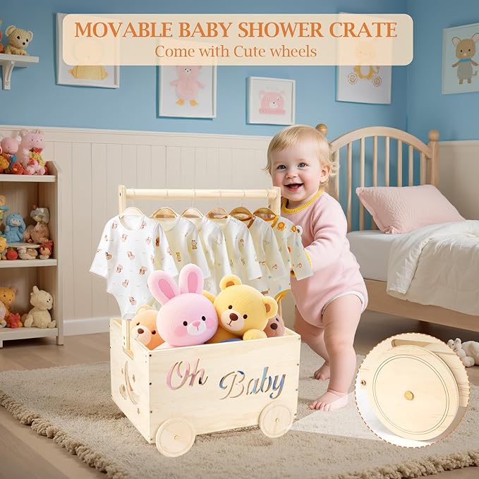 Wooden Baby Shower Crate Closet, Baby Shower Gifts Basket for Newborn Boys Girls, Personalized Babyshower Crate Box with Handle & Wheels, Pregnancy Gifts Xmas Present for New Mom Parents