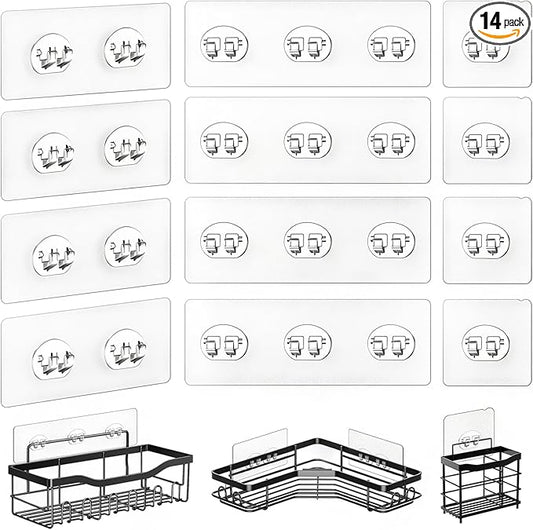 14 Pack Shower Caddy Adhesive Replacement, Strong Adhesive Hooks for Shower Caddy, Shower Shelf Adhesive No Drilling, for Bathroom Storage Shelves and Kitchen Racks & Soap Holder