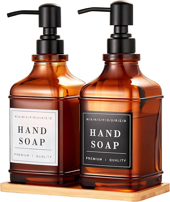 Dish and Hand Soap Dispenser for Kitchen, Amber Glass Soap Dispenser with Pump,Tray,Funnel, Set of 2 Countertop Soap and Lotion Dispenser for Bathroom,Shower,500ml/16.9oz,