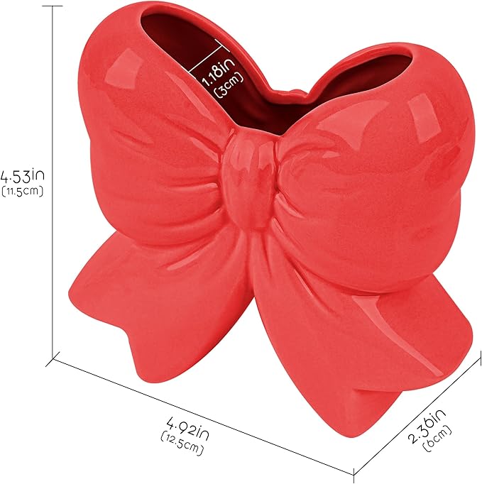 Cute Toothbrush Holder, Ceramic Bow Toothbrush Holder, with Drain Hole Bathroom Countertop Accessories, for Bathroom Canister Storage Organization, Vanity Makeup Organizer (Red)