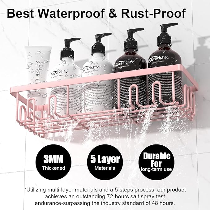 Getsrichfc Shower Caddy Adhesive, Rustproof Shower Shelves for Inside Shower, Large Capacity Bathroom Organizers and Storage, Shower Storage with Removable Hooks, No Drill Bathroom Accessories Pink