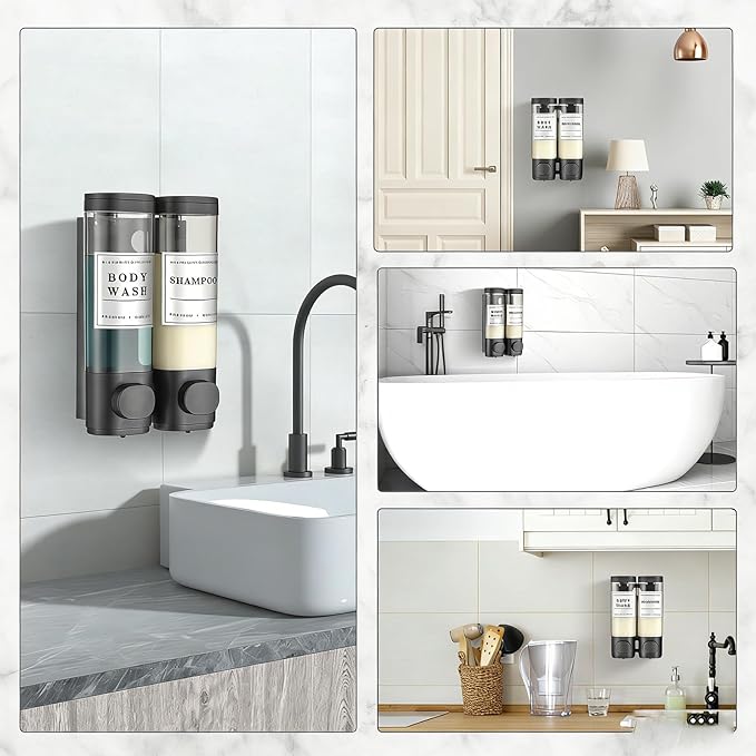 Shampoo and Conditioner Dispenser Bathroom Shower Soap Dispenser Wall Mounted Shampoo Dispenser for Shower Wall No Drill 2 * 300ml Black 2 Chamber with Waterproof Labels