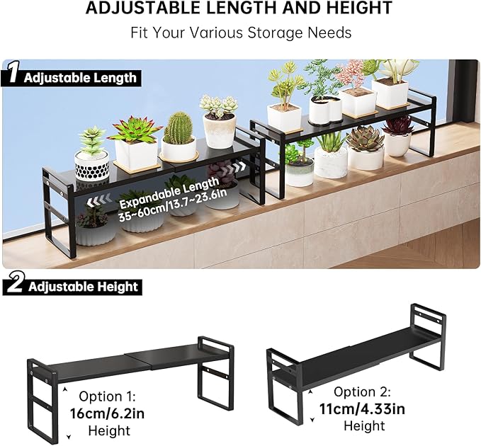 1pc Small Narrow Tall Shelf for Windowsill Kitchen Organizer Stackable Shelves Bathroom Sill Thin Shelves for Narrow Spaces Counter Top Racks (Black, L13.8-23.6'' * W5.9'' * H7.2'')