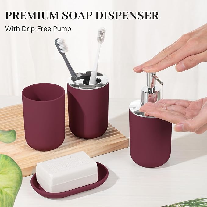 Bathroom Accessory Set, 4 Pcs Plastic Bathroom Set Include Soap Dispenser, Soap Dish, Toothbrush Holder, Mousewash Cup, Modern Bahtroom Décor Set, Space Save for Bathroom(Burgundy)