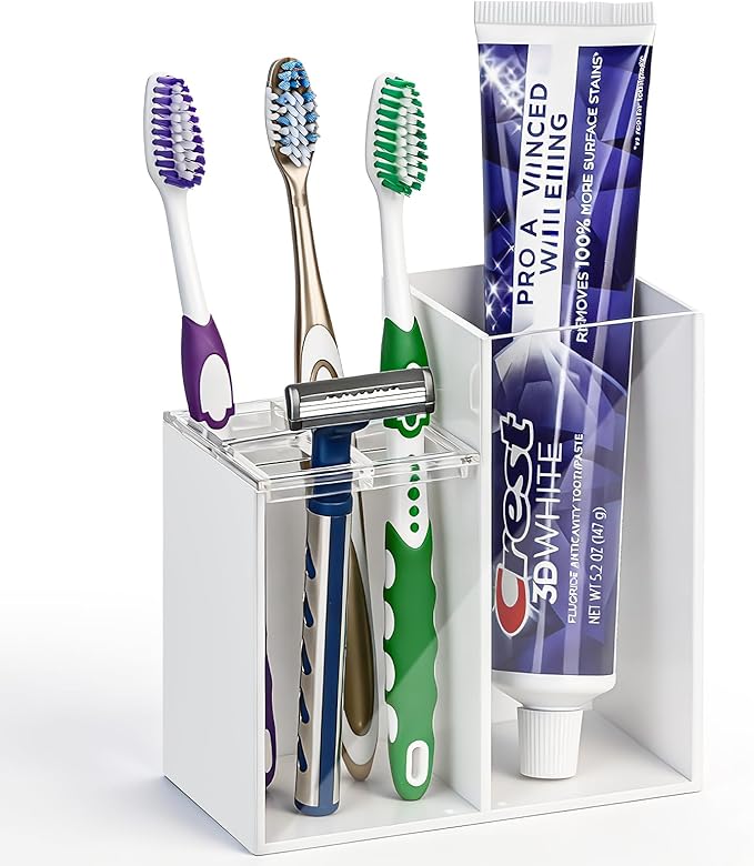 Acrylic Toothbrush Holders for Bathroom, 5 Slots Toothbrush and Toothpaste Storage Organizer Holder, Home Decor for Bathroom Accessories Organizer - White