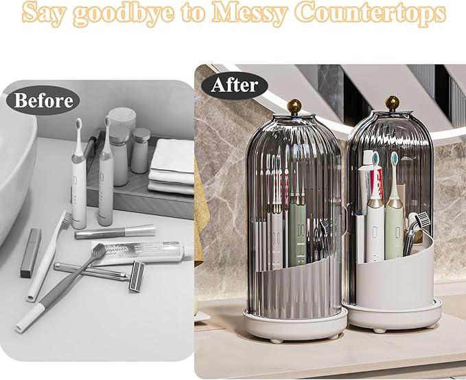 Toothbrush Holders with Cover, Drainage Rotating Electric Toothbrush Organizer, 3 Slots Tooth Brush Holder for Bathroom Counter, Grey White