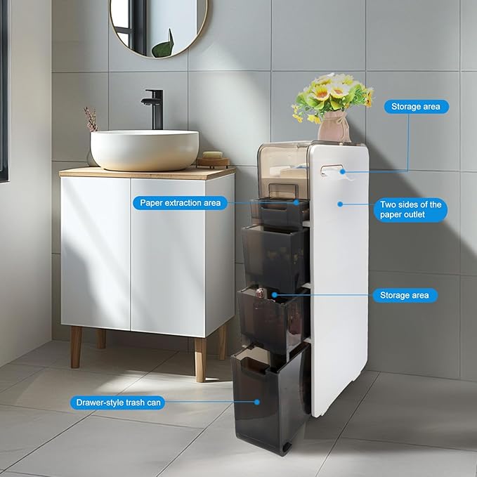 BGYMF Ultra Thin 4-Tier Slim Bathroom Cabinet, Slim Cabinet for Bathroom, Narrow Rolling Cart with Wheels, White Plastic for Small Space, Kitchen, Laundry, Living Room, Corner