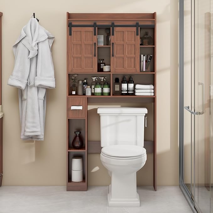 Halitaa Over The Toilet Storage Cabinet, Farmhouse Storage Cabinet Over Toilet with Sliding Doors，Home Space-Saving Toilet Rack, for Bathroom, Restroom, Laundry. Walnut