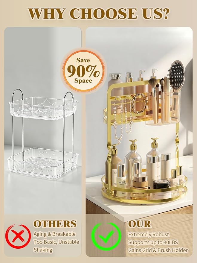 360 Rotating Makeup Organizer for Vanity, 2-Tier Gold Perfume Organizer, Lazy Susan for Bathroom Counter Organizer, Spinning Skincare Dresser Storage with Makeup Brush Holder & Jewelry Hooks
