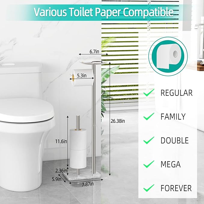 FEILERN Toilet Paper Holder Stand for Bathroom Floor Standing Toilet Roll Dispenser Storages 4 Reserve Rolls, with Top Storage Shelf for Cell Phones, Wipe, Wallet and More(Marble Brush Nickel)