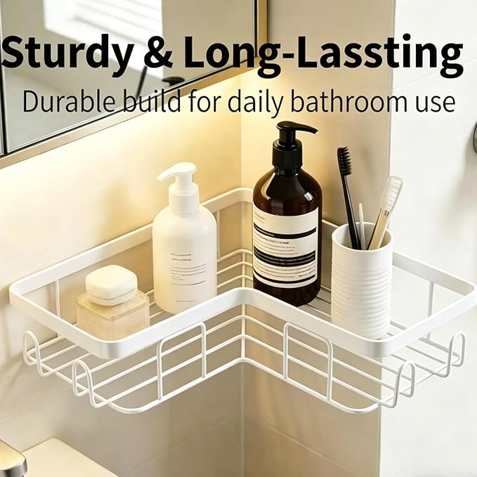 Shower Caddy 2 Pack, No Drilling Adhesive Bathroom Organizer Shelf Rack, Corner Shower Shelf with Hooks for Home Decor & Storage (White)