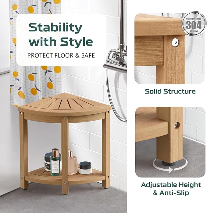Waterproof Corner Shower Stool for Inside Shower, Poly Lumber Shower Bench Seat Chair, Bath Shower Stool for Shaving Legs Foot Rest with Storage Shelf, Adjustable & Non-Slip Feet, Teak Brown