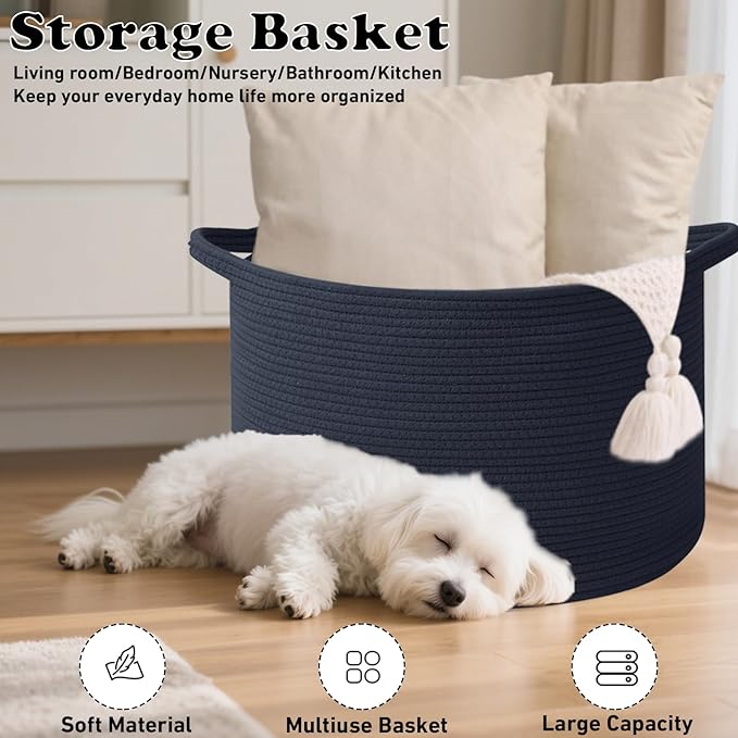 115L Extra Large Navy Blue Woven Cotton Rope Basket with Handles, Kids Nursery Laundry Hamper for Toys, Blankets, Pillows & Comforters, Storage Bin for Bedroom & Playroom