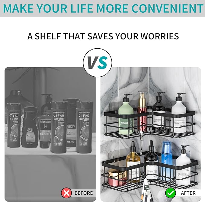 Corner Shower Caddy, 4-Pack Adhesive Shower Shelves with Soap Holder No Drilling, Rustproof Bathroom Shower Organizer Storage, Black