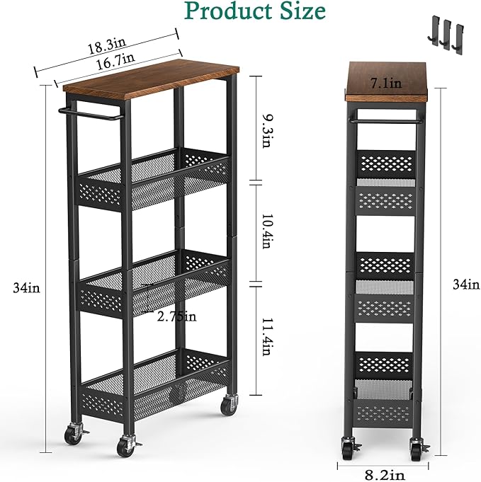 XYZLVSI Slim Storage Cart 4 Tier Narrow Kitchen Rolling Cart on Wheels for Small Space, Mobile Utility Cart Shelving Unit with Wooden Top and Metal Handle for Kitchen, Bathroom, Laundry Room