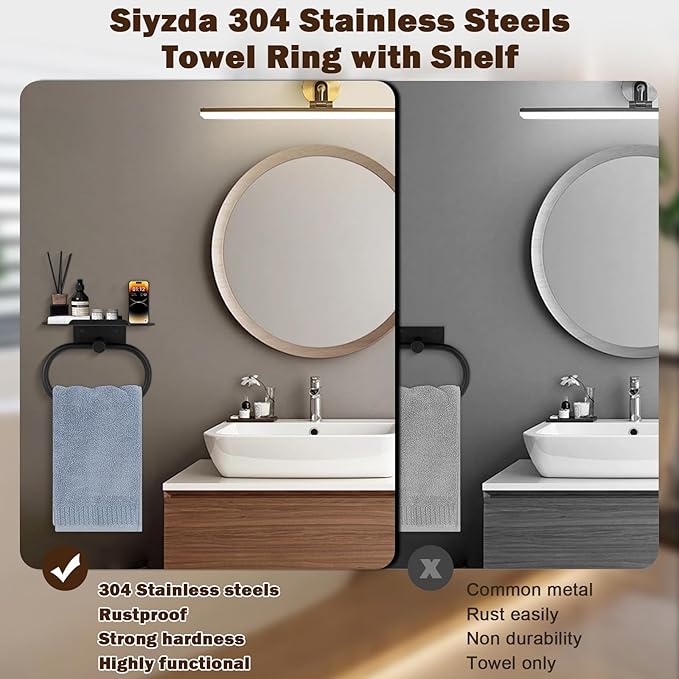 Hand Towel Ring with Shelf, Stainless Steel Hand Towel Holder, Heavy Duty Bath Accessories, Wall Mounted Towel Hanger for Bathroom Kitchen (Matte Black)