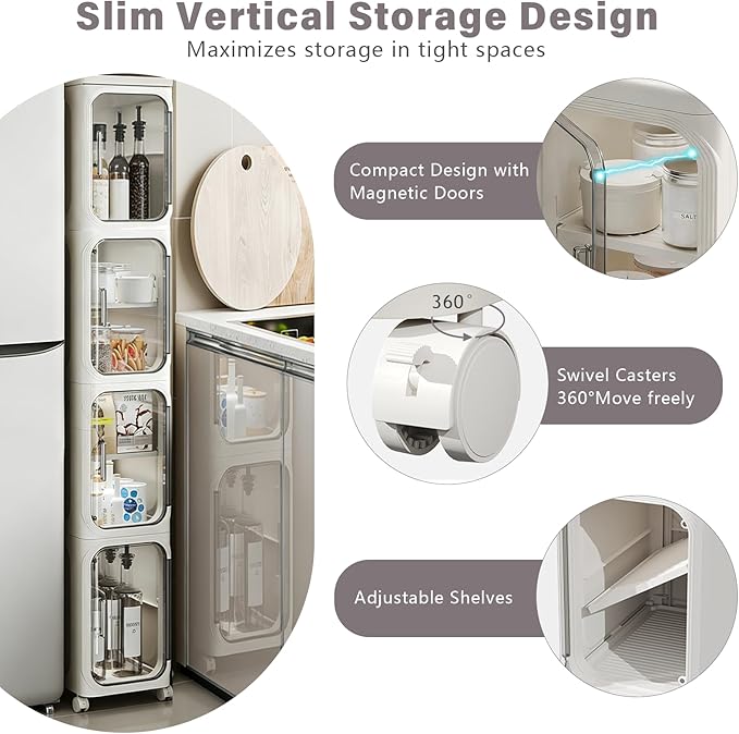 4-Tier Slim Bathroom Storage Cabinet, Tall Narrow Storage Cabinet with Movable Wheels, Adjustable Shelves, Skinny Bathroom Storage Organizer for Small Space, Bathroom, Kitchen, Laundry, Cream White