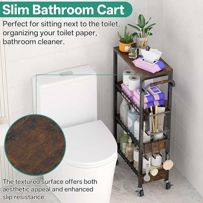 DTUQYX Slim Rolling Storage Cart, 4 Tier Small Organizer Cart with Wheels, Metal Utility Shelf Kitchen Bathroom Laundry Room Organization Trolley with Handle for Narrow Space (9.1" Overall Width)