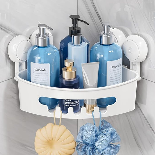TAILI Corner Shower Caddy with Suction Cups, Wall Mounted Organizer Plastic Rack for Small Bathrooms, Kitchen, Removable Drill-Free Heavy Duty Shelf Basket, White