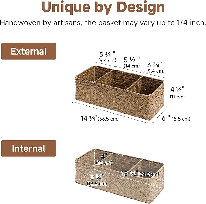 StorageWorks Toilet Paper Basket for Back of Toliet，with 3-Compartments, Basket Organizer, Seagrass Toilet Tank Basket, Brown, 2-Pack