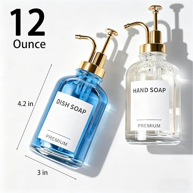 12oz Dish Soap Dispenser for Kitchen, Hand Glass Soap Dispenser Set with Pump, Tray, Funnel for Bathroom, Shower, Laundry, Liquid, Lotion (Gold 2 Pack Clear Bottles with 12 Stickers)