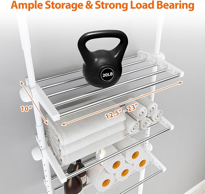 4-Tier Over The Toilet Storage Shelf, 4.5-9.5 FT Adjustable Bathroom Organizer, Heavy Duty Metal Shelves Above Behind Toilet Laundry, Space-Saving Shelving for Small Rooms, No Drill, White