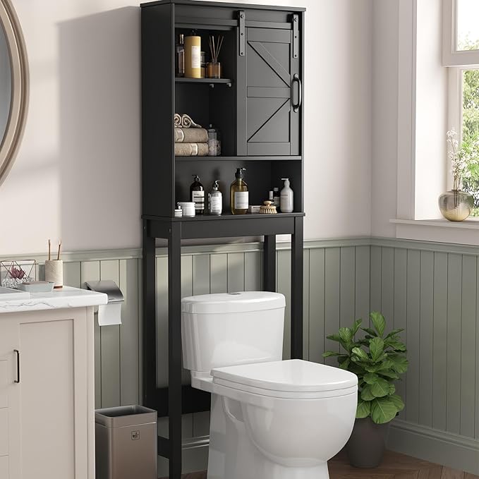 Over The Toilet Storage Cabinet, Bathroom Organizer with Adjustable Shelves and Anti-Tip Device, Space-Saving Storage Solution, Black