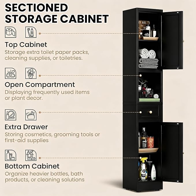 71 Inch Tall Narrow Bathroom Storage Cabinet, Slim Metal Freestanding Floor Cabinet with Doors, Adjustable Shelves, Drawer & Open Shelf, Bathroom Organizer for Small Spaces, Black