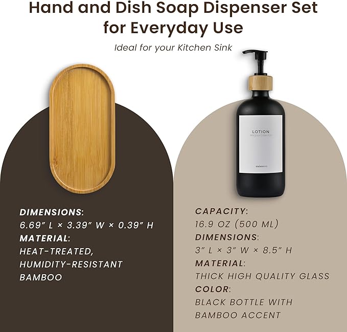 MaisoNovo Glass Dish Soap Dispenser for Kitchen Set of 2-16.9oz Dish and Hand Soap Dispenser Set for Kitchen - Black Glass Bottles x 2 with Black Bamboo Pumps & Tray