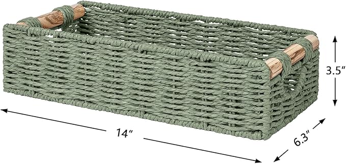 CubesLand Back of Toilet Storage Basket for Organizing w/Cut Out Handle, Handwoven Toilet Tank Top Paper Baskets, Wicker Decorative Basket for Countertop, Home Decor, Living Room, Nursery, Green