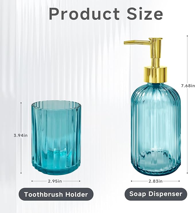 2 PCS Teal Blue and Gold Glass Bathroom Accessory Sets, Blue Bathroom Set, Soap Dispenser and Toothbrush Holder Set for Modern Bathroom Decor