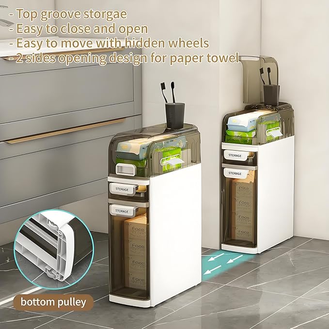 3-Tiers Slim Narrow Bathroom Storage Cabinet with Drawers, Waterproof Skinny Bathroom Storage Floor Cabinet with Tissue Box and Wheels for Small Spaces