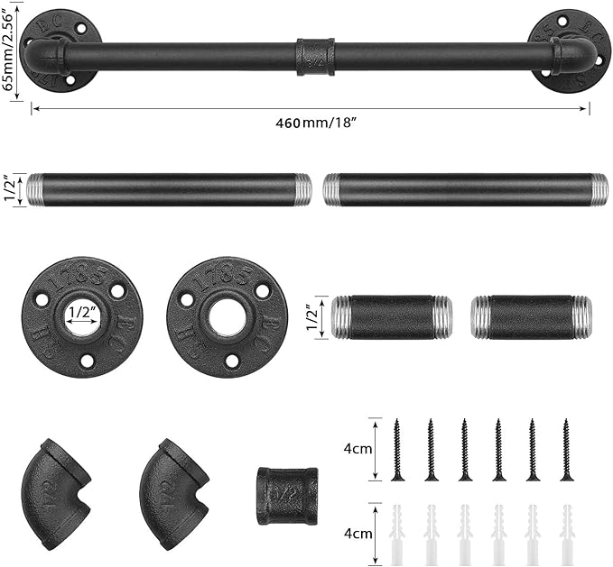 Industrial Pipe Towel Rack Towel Bar, Heavy Duty Wall Mounted Rustic Farmhouse Bath Towel Holder for Bathroom (Black, 18 Inch)