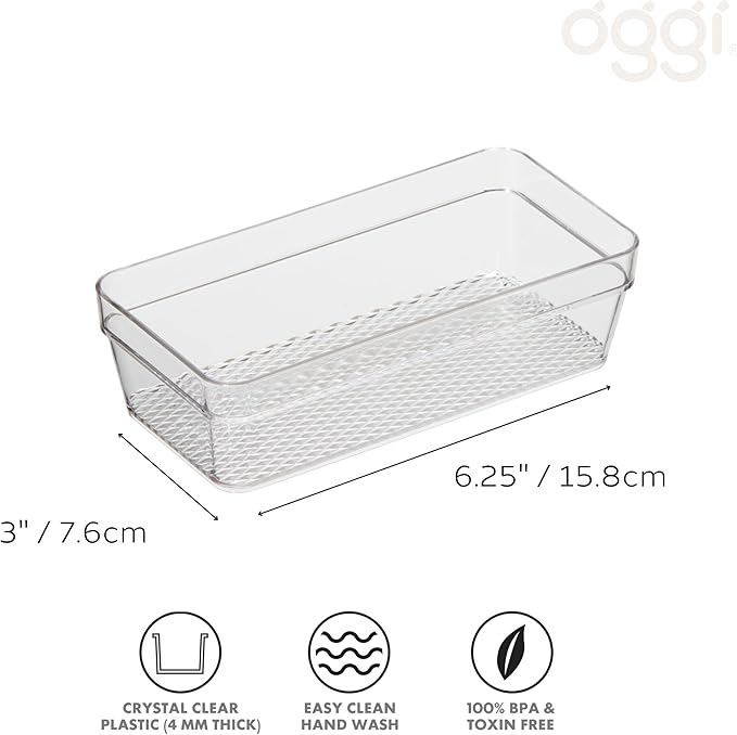 Oggi Clear Drawer Organizer - 3" X 6.25"- Ideal for Organizing Kitchen Drawers, Office, Desk, Silverware, Kitchen Utensils, Cosmetics and Bathrooms