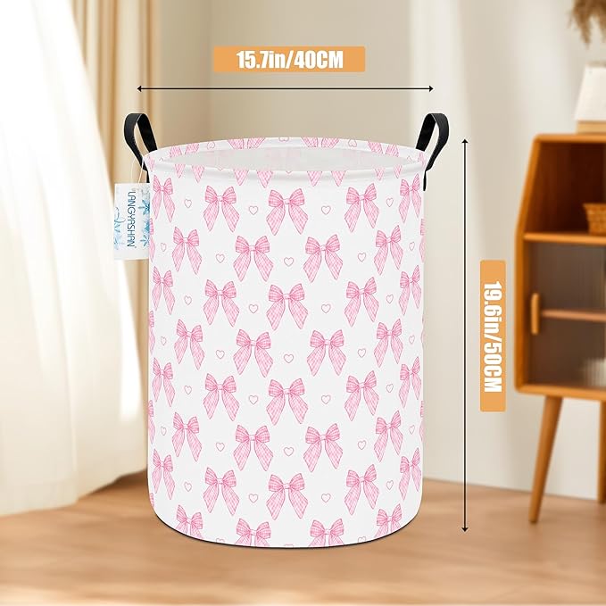 Laundry Basket Canvas Fabric Collapsible Organizer Basket for Storage Bin Toy Bins Gift Baskets Bedroom Clothes Children Nursery Hamper (Pink Bowknot)