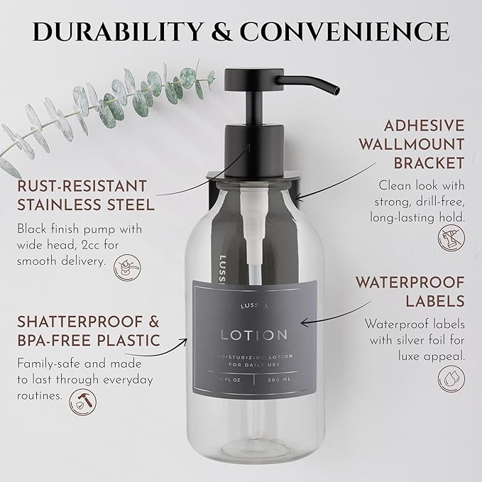Shower Shampoo Dispenser Wall Mounted – 3 Refillable 16.9 oz Clear Bottles with Stainless Steel Pumps & No-Drill Adhesive Holders – Soap Dispenser Set for Bathroom (3 X Clear/Black)