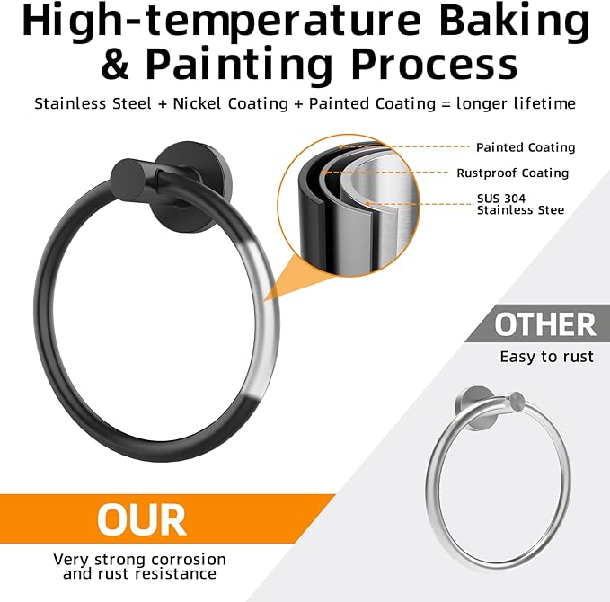 Matte Black Towel Ring 2Pack, SUS304 Stainless Steel Hand Towel Holder for Bathroom Kitchen, Modern Style Towel Hanger, Thicken Ring Towel Holder, Towel Rack Round Wall Mounted (2, Black)
