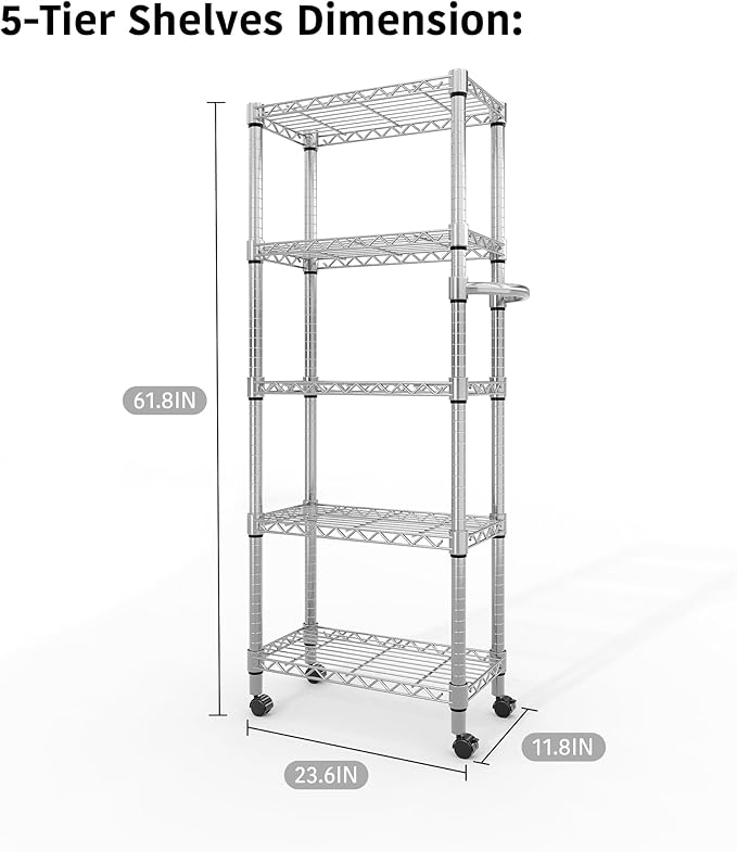 5-Tier Metal Wire Storage Rack with Lockable Wheels, Heavy Duty Shelving Unit Supports 1100 lbs, 61" Tall Rolling Organizer for Kitchen, Garage, or Bedroom