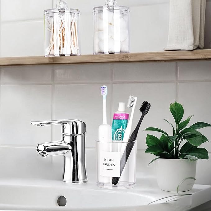 Acrylic Toothbush Hoder with White Divider for Bathroom Decor, Thick Clear Plastic Electronic Toothbrush and Toothpaste Organizer Stand for Bathroom Vanity Countertops, Bathroom Essentials Accessories