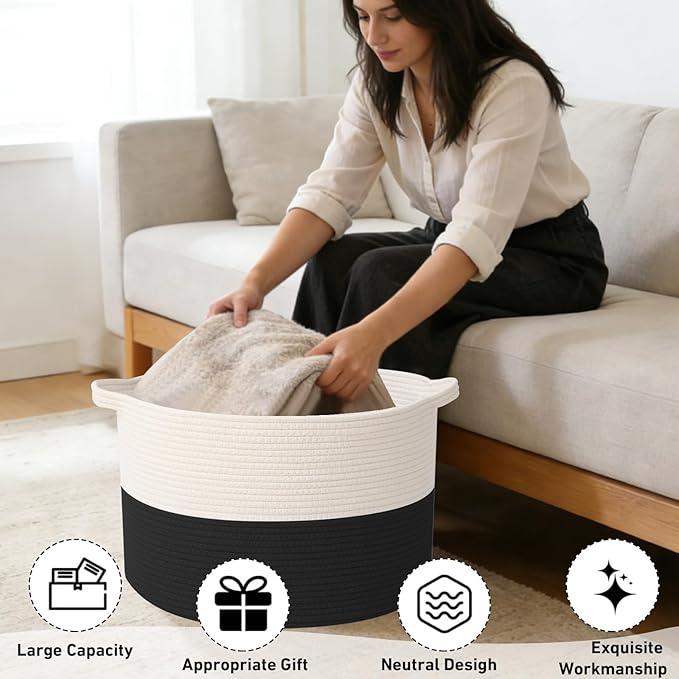 115L Extra Large Blanket Basket,Woven Rope Laundry Basket Hamper with Handles, Decorative Nursery Basket Storage Bin for Toys, Clothes Organizer, Living Room, Bedroom, Bathroom, White&Black