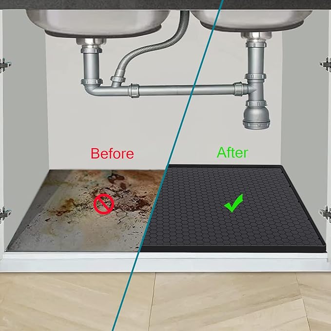 Under Sink Mat 37 x 22 for Kitchen Waterproof, Silicone Under Kitchen Bathroom Sink Liner Mat, Easy to Clean Cabinet Mat Organizers and Storage, Black