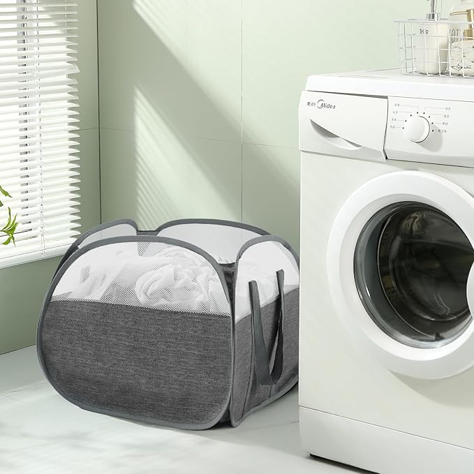 TECHMILLY Pop Up Foldable Laundry Basket, 90L Large Capacity Square & Tear Proof Laundry Hamper with Reinforced Handles for Dirty Clothes Storage in Dorm, Laundry Room, Bathroom, Grey(Fabric)