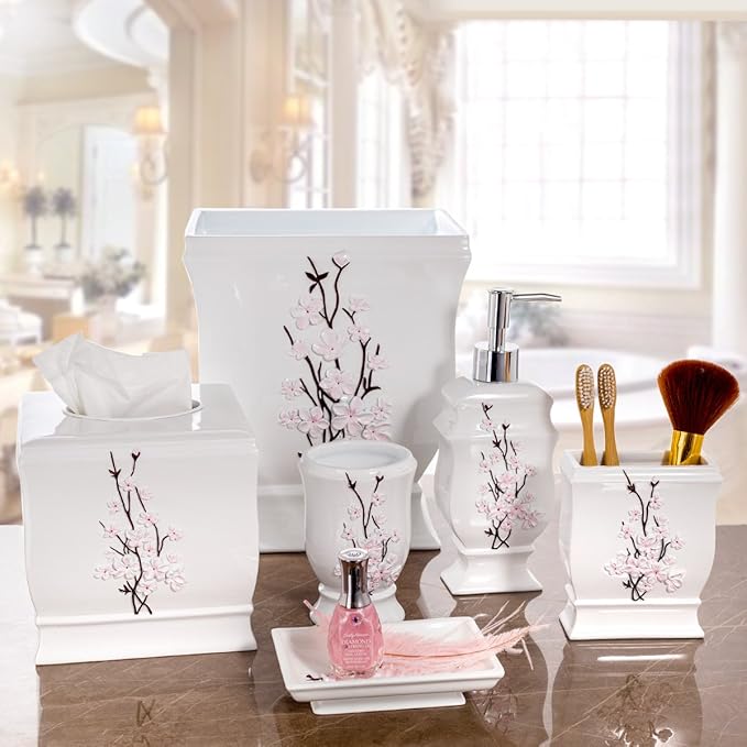 Creative Scents Vanda White Soap Dispenser Bathroom Countertop Hand Lotion Pump - Lotion Dispenser for Liquid Soap with Durable Pump, Modern Cherry Blossom Style
