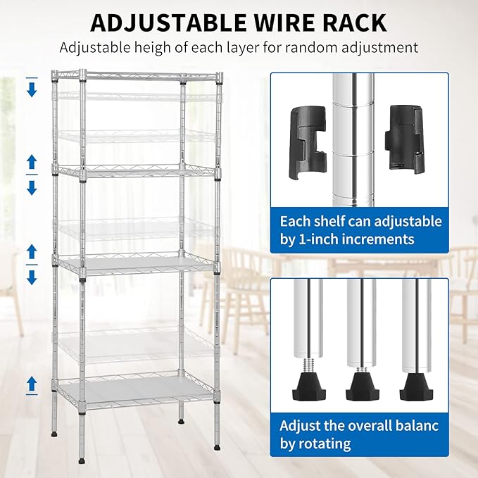 Wire Shelving Unit with PP Liners, 4 Tier Metal Storage Shelves for Laundry Room Organization, Closet Shelf Organizer, Kitchen Rack, Garage Storage, Chrome, 18" x 12" x 44" ﻿