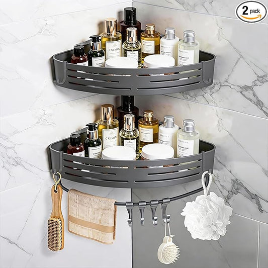 2-Pack Aluminum Corner Shelf, Large Capacity Shower Caddy with Adhesive & Screw Mounting, Rustproof Organizer Storage for Toilet, Laundry Room – Space-Saving Rack with Towel Hooks (Matte Gray)